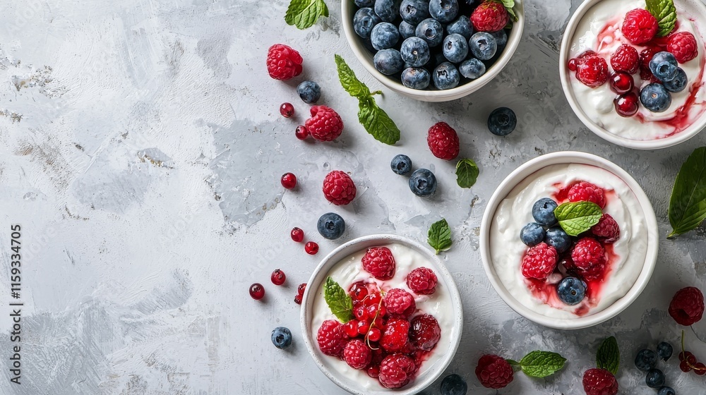 Delicious Yogurt Bowls with Fresh Berries Kitchen Counter Food Photography Bright Setting Top-Down Perspective Healthy Eating Delicious Yogurt Bowls with Fresh Berries Kitchen Counter Food Photography Bright Setting Top-Down Perspective Healthy Eating