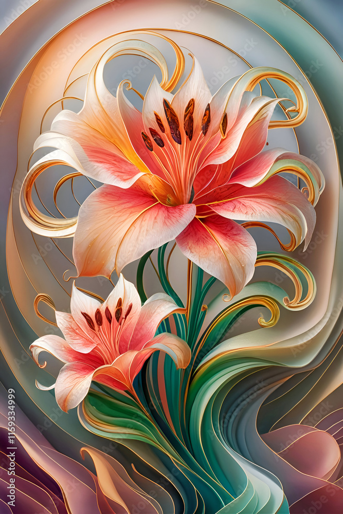 beautiful art picture with colorful lily flowers in mosaic style. Digital artwork. Ai generated