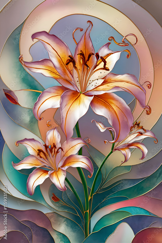 beautiful art picture with colorful lily flowers in mosaic style. Digital artwork. Ai generated