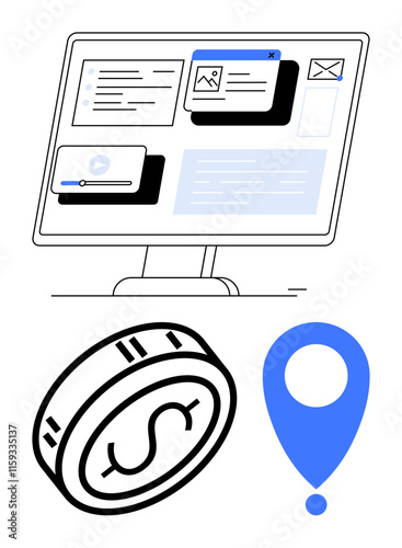 Computer monitor displaying various web elements, a dollar coin, and a map pin. Ideal for fintech, web design, user interface, online transactions, location services, e-commerce digital marketing