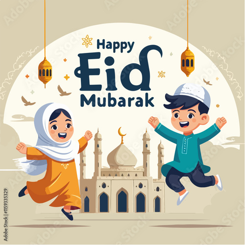 Mosque with kids celebrating Eid; perfect for greeting cards, social media posts, and educational materials related to Islamic holidays.