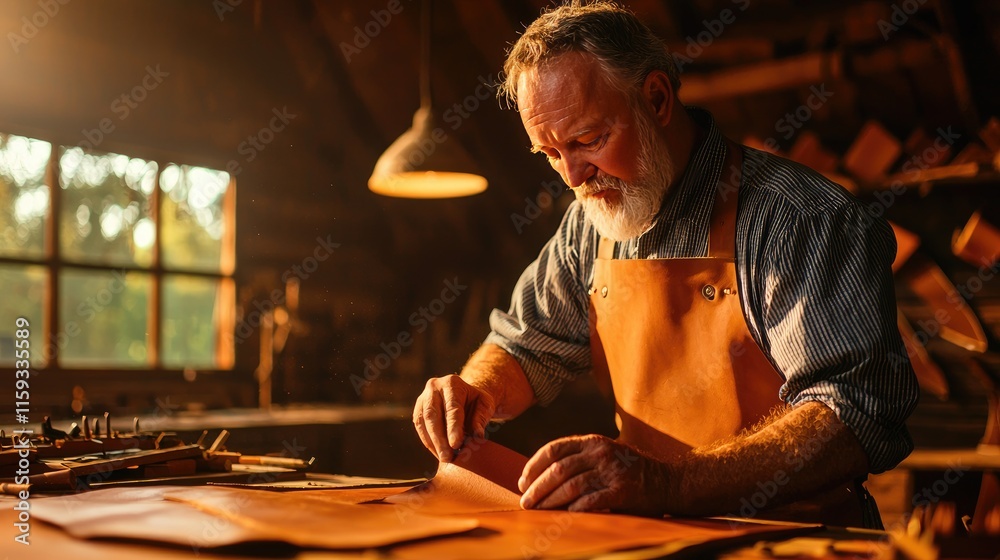 Craftsmanship in Action: Artisan Working with Leather in Workshop Craftsmanship in Action: Artisan Working with Leather in Workshop