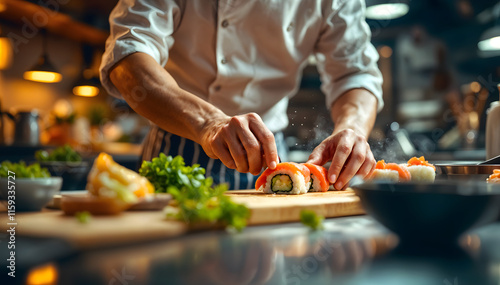 Foto Chef preparing sushi in a professional kitchen, fresh ingredients organized, bright artificial lighting, dynamic composition capturing action