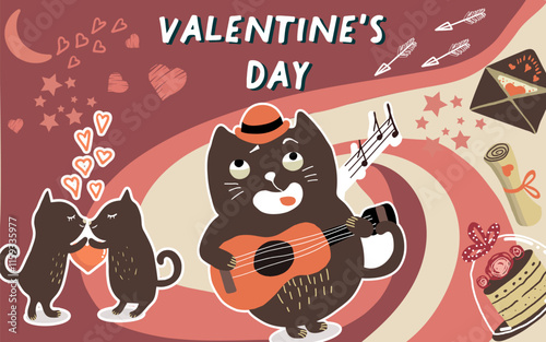 Collage, banner, background, valentine's day, love, love story, kitties, cats in love, animals, hand drawn vector.