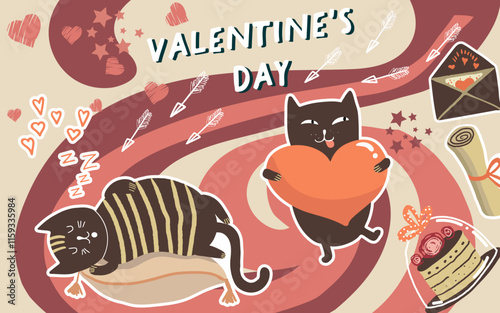 Collage, banner, background, valentine's day, love, love story, kitties, cats in love, animals, hand drawn vector.