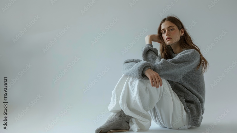 Woman in gray sweater and white pants sitting. Woman in gray sweater and white pants sitting.