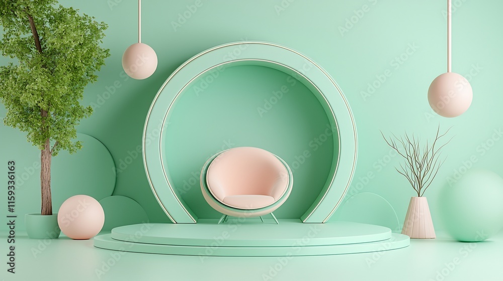 Fototapeta premium Pastel green room with pink chair, spheres, and plants.