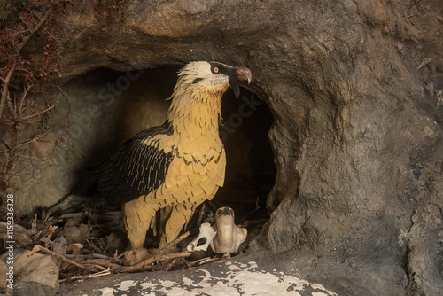 Bearded vulture in its nest inside a rocky cave