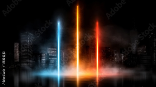Futuristic Cityscape at Night with Neon Lights Modern Buildings and Smoky Atmosphere