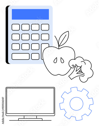 Calculator beside an apple and broccoli, a monitor, and a gear. Ideal for health management, nutritional planning, wellness lifestyle, tech integration, efficiency education office decor. Balance