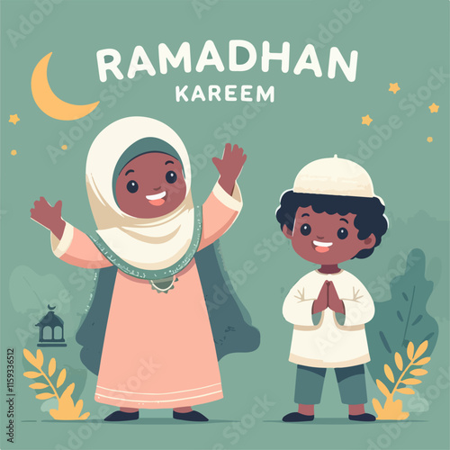 Ramadan kareem illustration featuring two kids, perfect for greeting cards, social media posts, and educational materials during Ramadan.