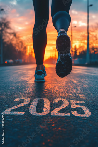 A dynamic scene capturing the perspective of a person walking down a road, emphasizing the year "2025" painted on the asphalt.