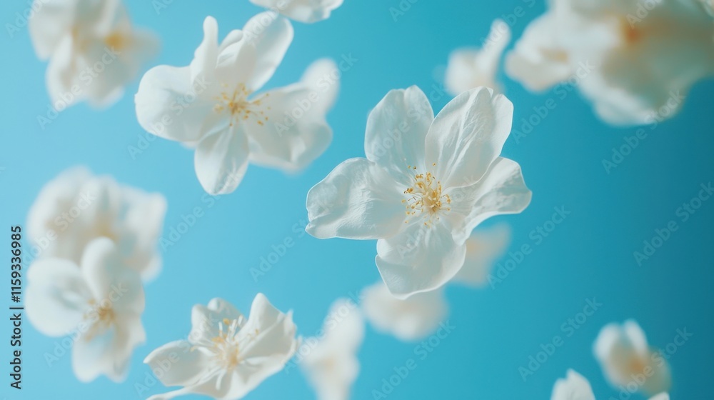 Obraz premium Beautiful romantic flying or levitate pastel flowers. Falling on bright blue background. Creative spring bloom or floral concept. Minimal natural Mother's, Valentines, Women's day or wedding day.