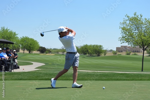 Golf player drives off the tee during a sunny day on an expansive course with spectators in the background photo