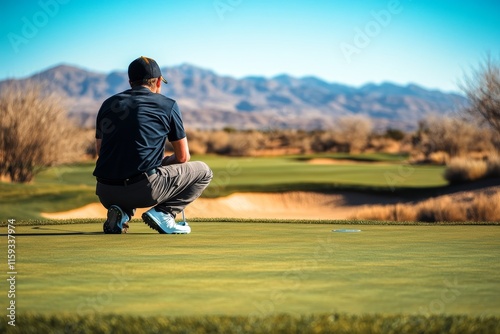 Wallpaper Mural Golfer examines the green at a scenic course with mountains in the background during a sunny day Torontodigital.ca