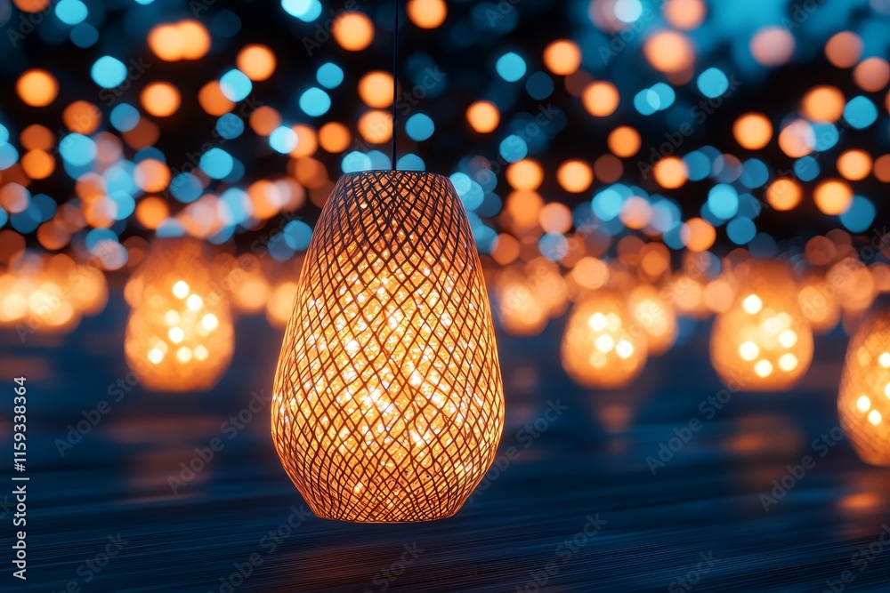 Fototapeta premium Illuminated Rattan Lampshade Festive Lights Background
