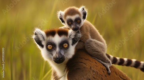 Ring-tailed lemur mother with baby on her back, set against a golden grassy background.