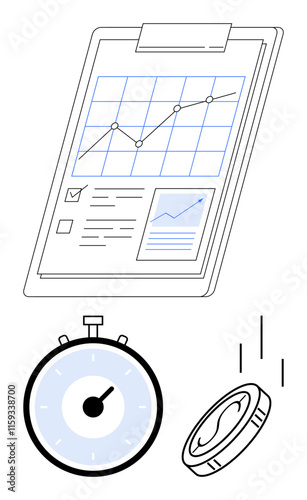 Clipboard with graph line chart, and checklist. Includes stopwatch and falling coin. Ideal for business, productivity, financial management, time efficiency, planning, performance tracking