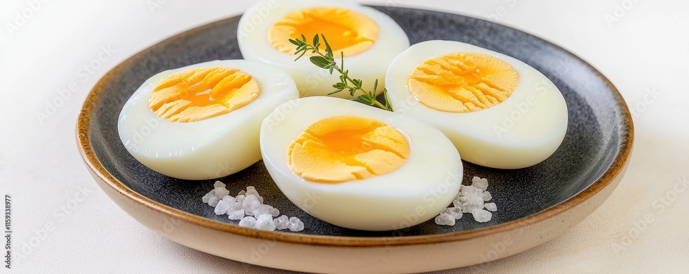 Simple boiled eggs garnished with herbs on ceramic plate minimalist setting Simple boiled eggs garnished with herbs on ceramic plate minimalist setting