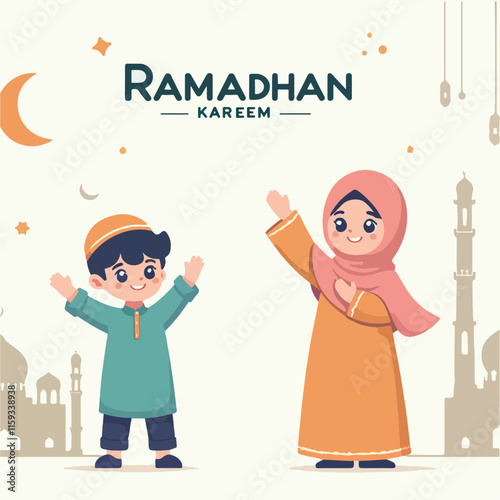 Two children joyfully celebrating Ramadan Kareem. Ideal for cultural and religious holiday concepts, educational materials, and diverse celebrations.