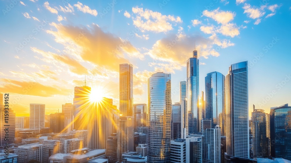 Fototapeta premium Stunning City Skyline at Sunset with Sunlight Glare