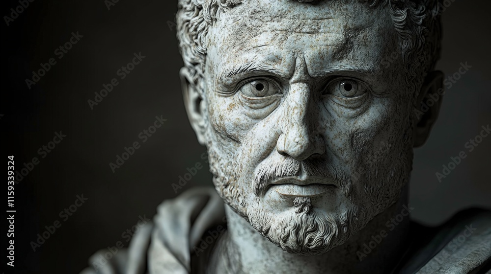 Lifelike Rendering of a Roman Emperor’s Marble Bust Highlighting Stone Texture, Fine Veins, and Imperfections with Dramatic Lighting and Shadows Lifelike Rendering of a Roman Emperor’s Marble Bust Highlighting Stone Texture, Fine Veins, and Imperfections with Dramatic Lighting and Shadows