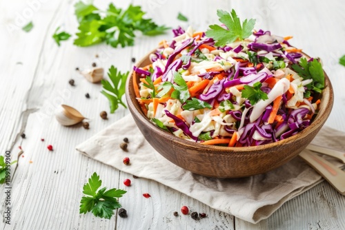 Vibrant coleslaw with raw shredded vegetables in a wooden bowl, ready to eat.