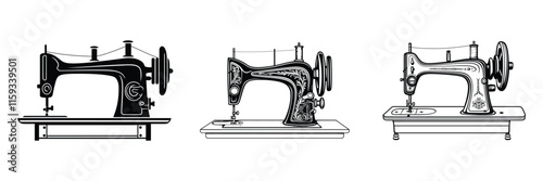 vintage sewing machine icon, silhouette, outline, vector, illustration, isolated on a white background
