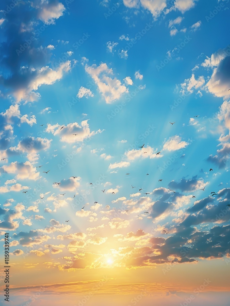 A flock of birds flying against a beautiful sunset and cloudy sky. A flock of birds flying against a beautiful sunset and cloudy sky.