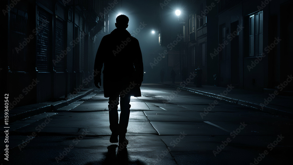 Unrecognizable Person Walking Alone on a Quiet Street Surrounded by Shadows in the Dark Night Unrecognizable Person Walking Alone on a Quiet Street Surrounded by Shadows in the Dark Night