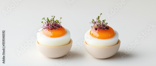 Simple boiled eggs garnished with microgreens kitchen food photography bright