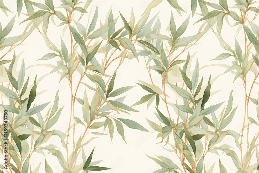 Fototapeta premium A seamless pattern of green leaves on a light background.