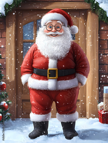 Santa Claus portrait from face to stomach, round happy face, rosy cheeks, white beard long flowing, blue eyes, portly figure, wearing a red suit, suit trimmed with white fur.
