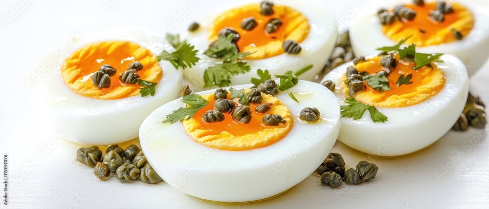 Simple boiled eggs garnished with capers kitchen food photography bright setup Simple boiled eggs garnished with capers kitchen food photography bright setup