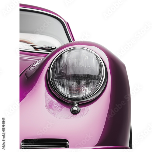 Close-up of vintage purple sports car headlight and sleek curves isolated on transparent background.
 photo