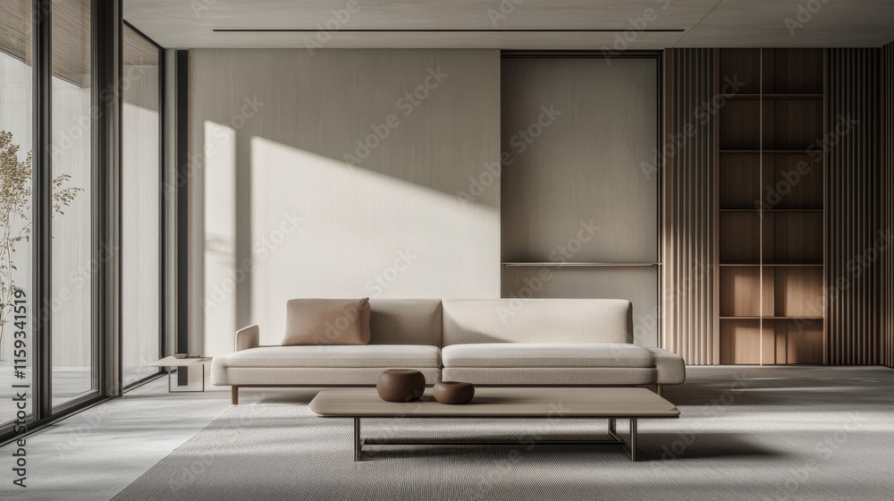 Fototapeta premium Elegant minimalist living room with minimal furniture. Featuring a clean, spacious layout with modern lines