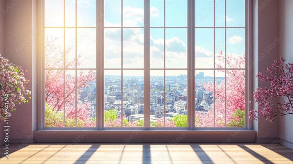 Window with a breeze in spring overlooking the city Window with a breeze in spring overlooking the city