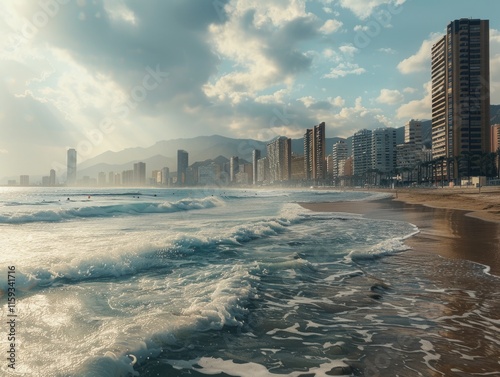 Sunlit cityscape with sandy beach and ocean waves photo