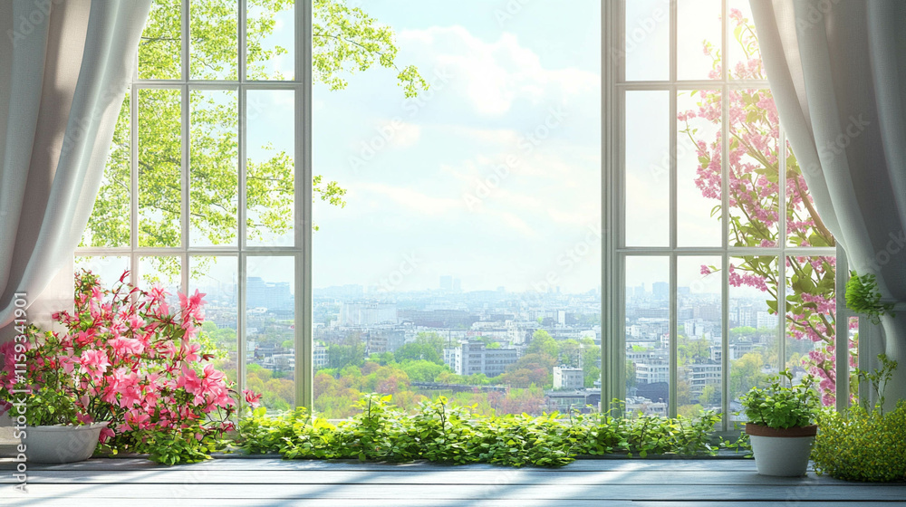 White window frame with a beautiful city view in the spring season White window frame with a beautiful city view in the spring season