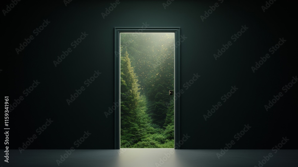 A Mysterious Open Door Revealing a Lush Green Forest in an Atmospheric Setting, Inviting Exploration and Discovery Beyond the Dark Room Interior