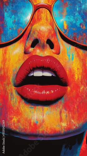 A bold abstract art piece featuring vividly colored lips and large reflective sunglasses, creating a modern pop-art aesthetic with striking visual flair. photo