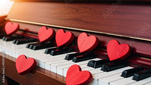 Red Wooden Hearts Placed on a Piano Keyboard, Symbolizing Love, Music, and Harmony, Perfect for Valentine's Day or Romantic Celebrations