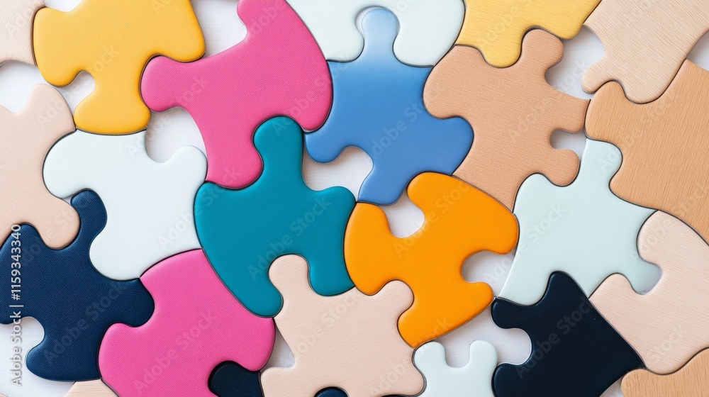 Colorful and Diverse Puzzle Pieces Arranged Randomly on White Surface Creating a Playful and Engaging Background Perfect for Designs and Presentations Colorful and Diverse Puzzle Pieces Arranged Randomly on White Surface Creating a Playful and Engaging Background Perfect for Designs and Presentations
