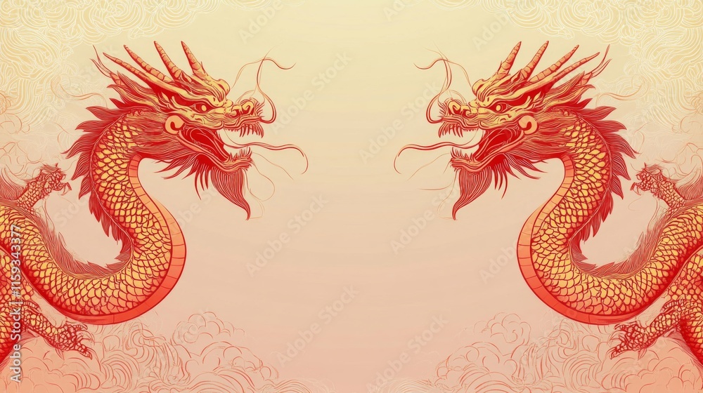 Fototapeta premium Two Majestic Red Chinese Dragons Facing Each Other