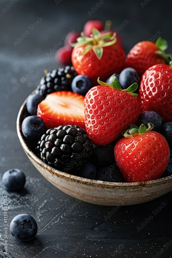 A bowl of fresh strawberries, blueberries, and raspberries. A healthy snack option full of nutrients. A bowl of fresh strawberries, blueberries, and raspberries. A healthy snack option full of nutrients.