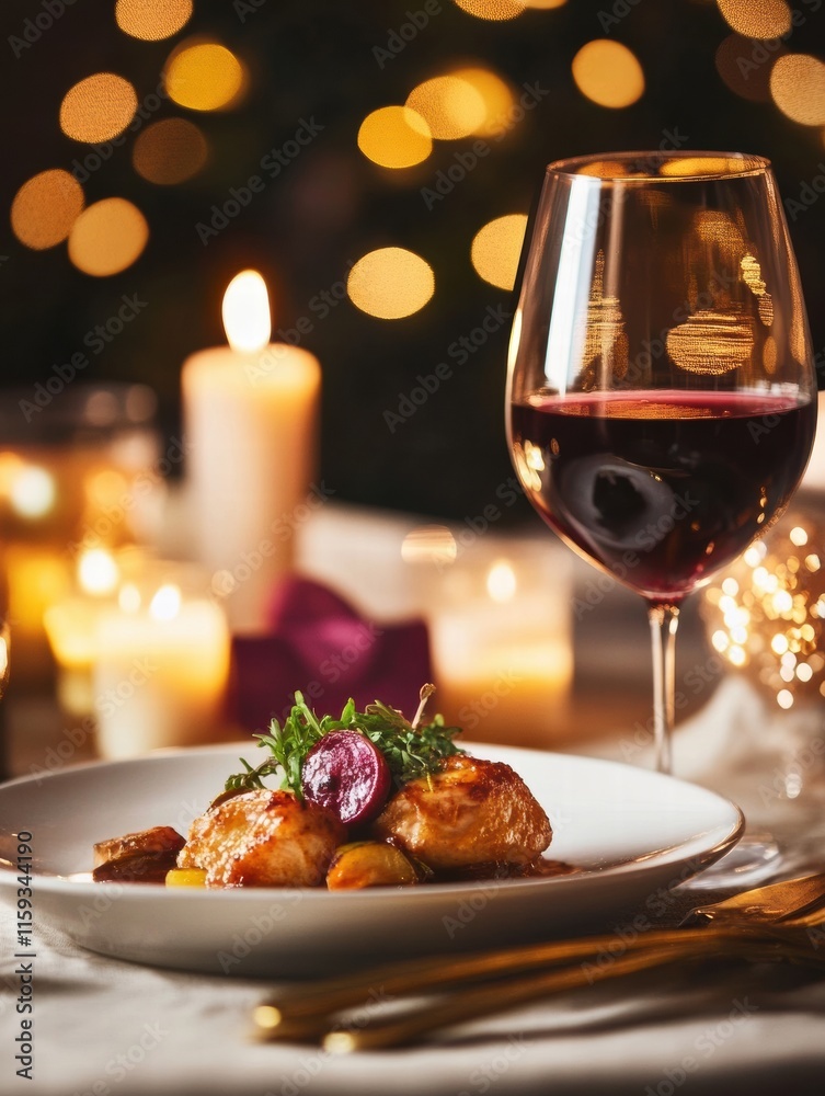 Luxurious dining table setting with gourmet dish and elegant candlelight ambiance for a special evening. Generative AI Luxurious dining table setting with gourmet dish and elegant candlelight ambiance for a special evening. Generative AI