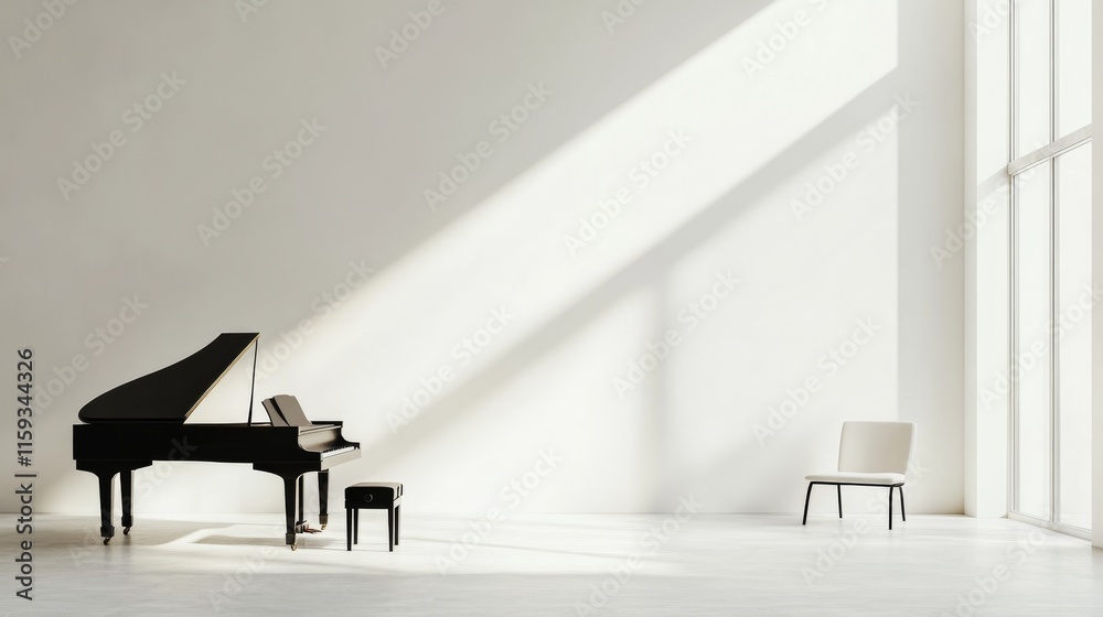 Fototapeta premium Elegant minimalist music room with minimal furniture. Featuring a clean, open design with contemporary lines
