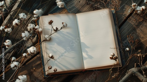 A book open with cotton blooms, symbolizing the history of Southern US agriculture and the importance of the cotton plant in the antebellum South.