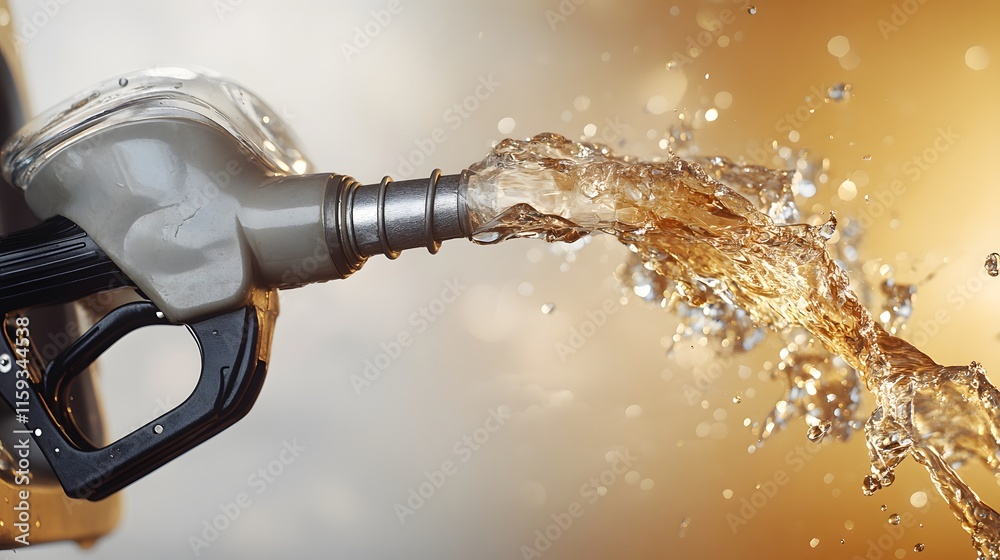 Fuel Nozzle Dispensing Golden Gasoline Stream Fuel Nozzle Dispensing Golden Gasoline Stream