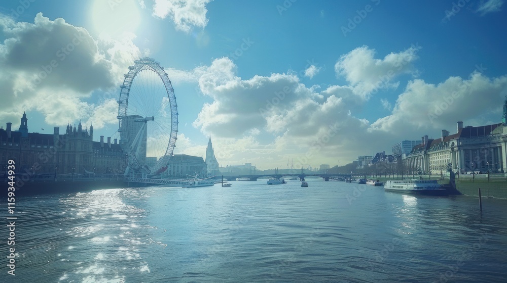 Obraz premium River view of city skyline with Ferris wheel on a bright sunny day.